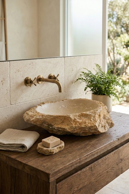 حوض مغسلة صخرة حجر طبيعي (Rock Sink) – 63×48 سم